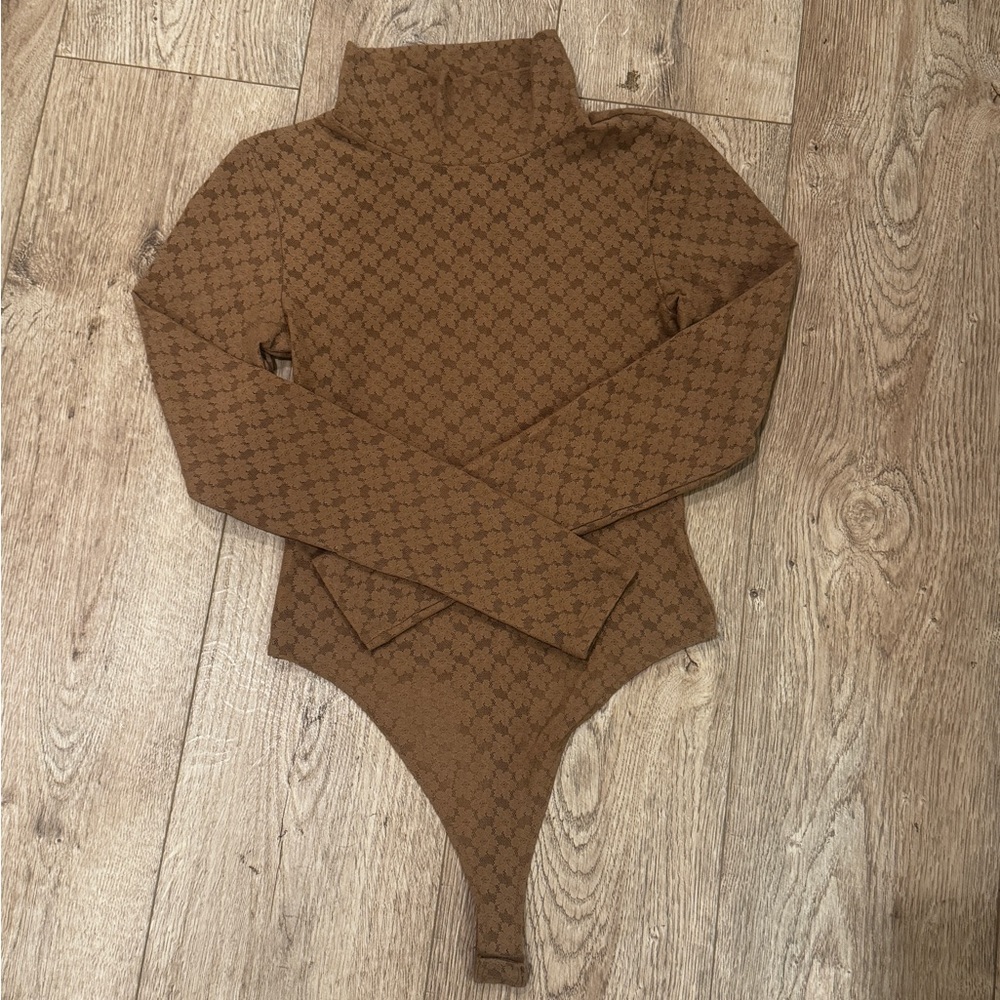 Womens Open Edit nude floral lace turtle neck thong sheer bodysuit XS